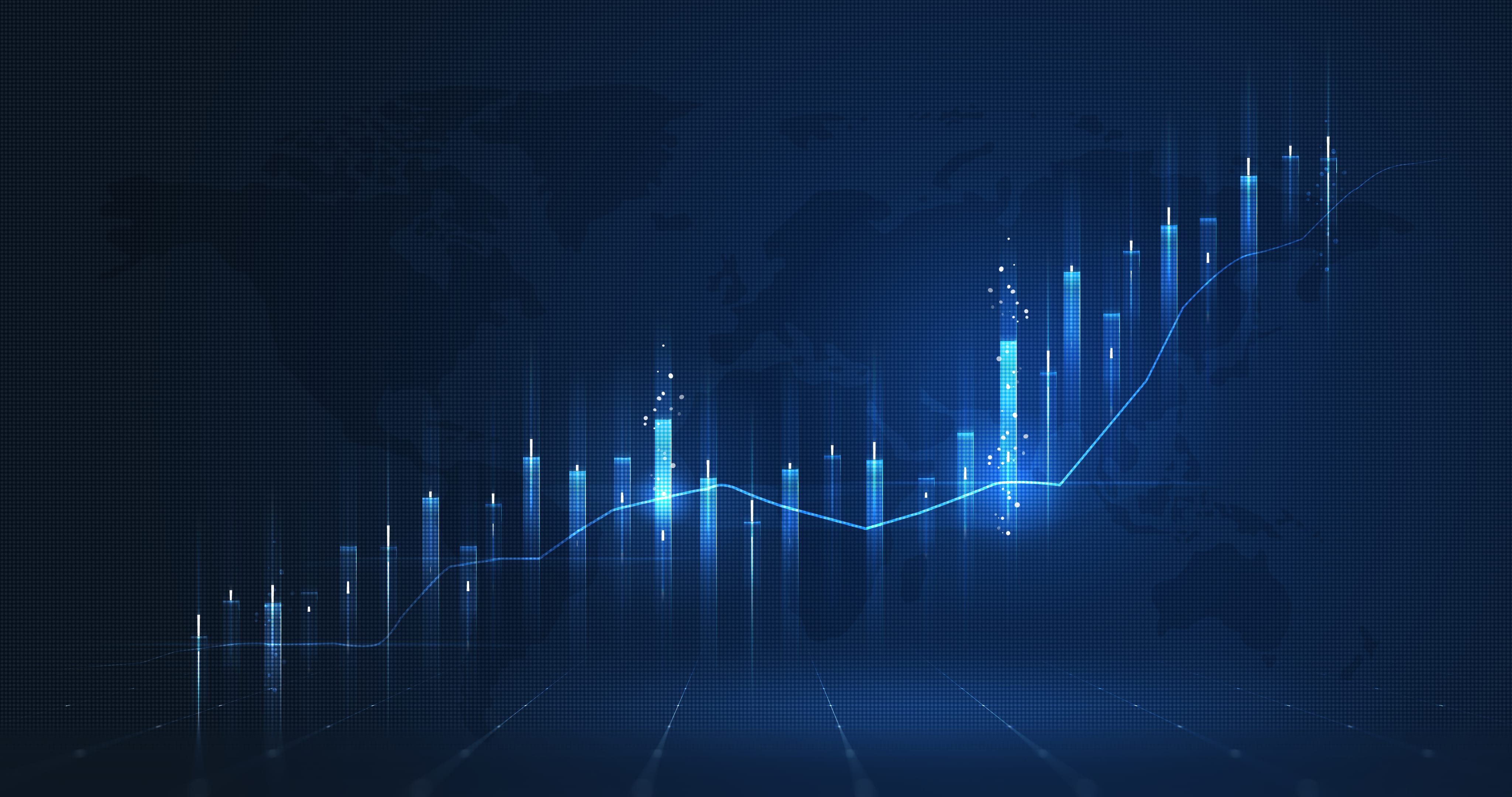 Blue candlestick chart with rising trend line on dark background